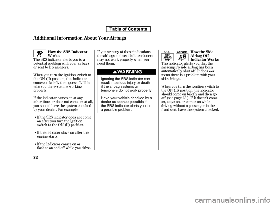 HONDA CR-V 2010 RD1-RD5, RE7 / 3.G Owners Manual When you turn the ignition switch to 
the ON (II) position, this indicator
comes on brief ly then goes of f . This
tells you the system is working
properly.If the indicator comes on or
flashesonandoff