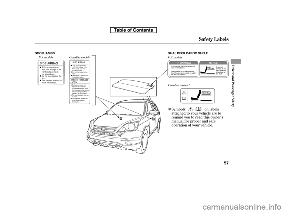 HONDA CR-V 2010 RD1-RD5, RE7 / 3.G Manual PDF Î
Î
Symbols on labels 
attached to your vehicle are to
remind you to read this owner’s
manual f or proper and saf e
operation of your vehicle.
Canadian models
U.S. models U.S. models
Canadian mo
