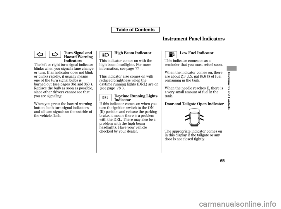 HONDA CR-V 2010 RD1-RD5, RE7 / 3.G Owners Manual This indicator comes on with the 
high beam headlights. For more
inf ormation, see page .This indicator comes on as a
reminder that you must ref uel soon.
This indicator also comes on with
reduced bri