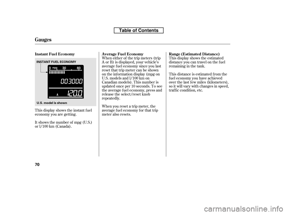 HONDA CR-V 2010 RD1-RD5, RE7 / 3.G Manual Online This display shows the instant f uel 
economy you are getting.When either of the trip meters (trip
A or B) is displayed, your vehicle’s
average f uel economy since you last
resetthattripmetercanbesh
