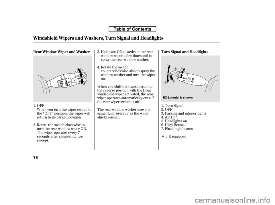 HONDA CR-V 2010 RD1-RD5, RE7 / 3.G Owners Manual Î
Î
When you turn the wiper switch to 
the ‘‘OFF’’ position, the wiper will
return to its parked position.
OFF
Turn Signal
OFF
Parking and interior lights
AUTO
Headlights on
High Beams
Fla