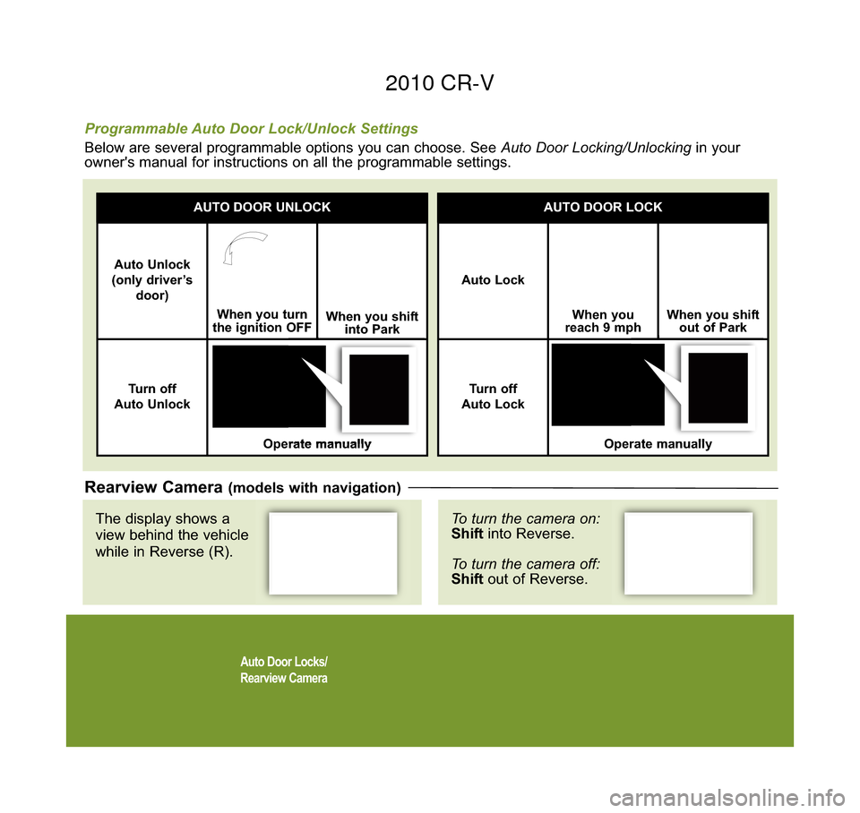 HONDA CR-V 2010 RD1-RD5, RE7 / 3.G Technology Reference Guide Auto Door Locks/
Rearview Camera
Programmable Auto Door Lock/Unlock Settings
Below are several programmable options you can choose. See  Auto Door Locking/Unlockingin your
owners manual for instructi