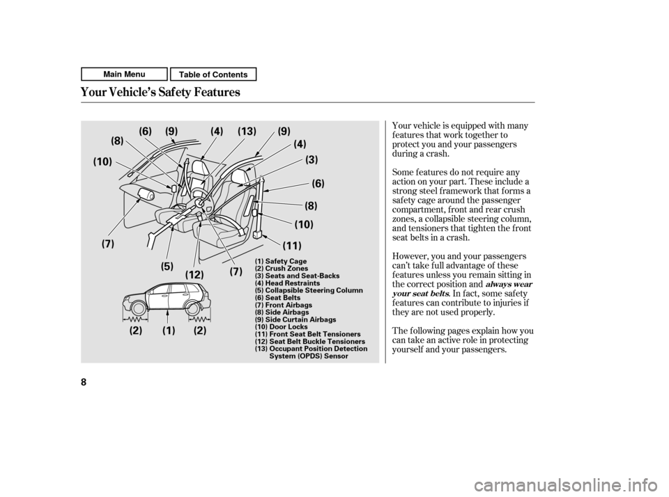 HONDA CR-V 2011 RD1-RD5, RE7 / 3.G Owners Manual Your vehicle is equipped with many 
features that work together to
protect you and your passengers
during a crash. 
However, you and your passengers 
can’t take f ull advantage of these
f eatures un