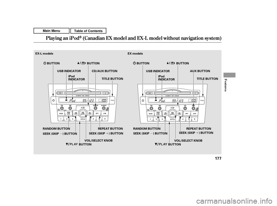 HONDA CR-V 2011 RD1-RD5, RE7 / 3.G Owners Manual ´´
µ µ
Playing an iPod(Canadian EX model and EX-L model without navigation system)
Features
177
BUTTON
USB INDICATOR
BUTTON
BUTTON
EX-L models
iPod 
INDICATORBUTTON
REPEAT BUTTON
CD/AUX BUTTON