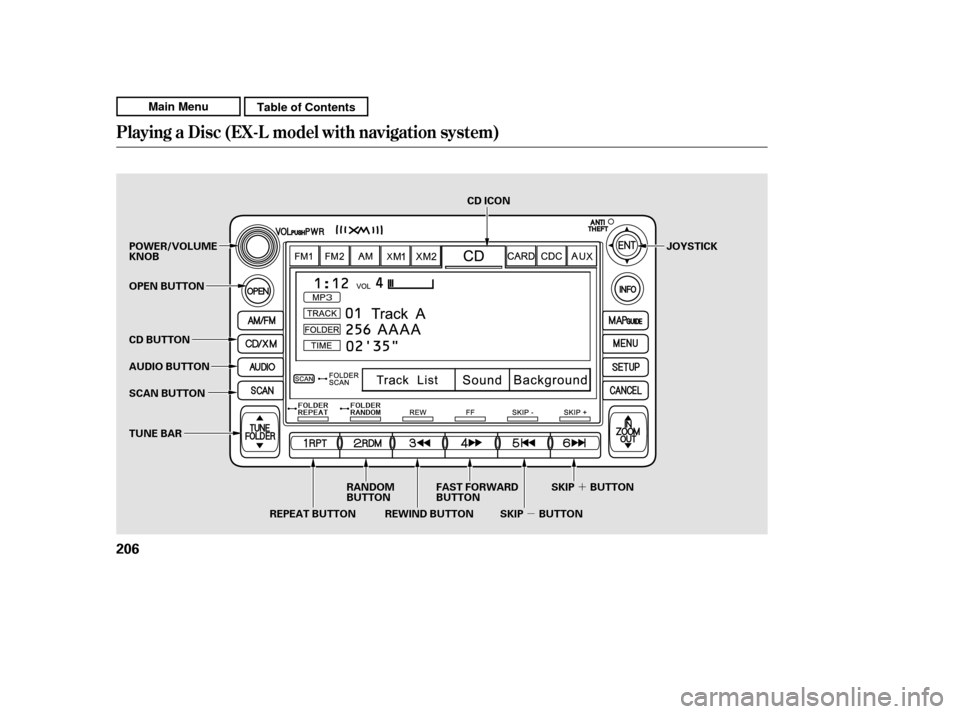 HONDA CR-V 2011 RD1-RD5, RE7 / 3.G Owners Manual µ´
Playing a Disc (EX-L model with navigat ion system)
206
SCAN BUTTON JOYSTICK
AUDIO BUTTON
POWER/VOLUME KNOB 
OPEN BUTTON 
CD BUTTON
RANDOM 
BUTTON
REPEAT BUTTON REWIND BUTTON FAST FORWARD
BUTTO