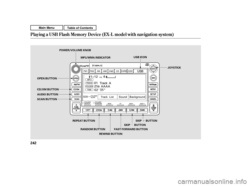 HONDA CR-V 2011 RD1-RD5, RE7 / 3.G Owners Manual µ´
Playing a USB Flash Memory Device (EX-L model with navigat ion system)
242
FAST FORWARD BUTTON
RANDOM BUTTON JOYSTICK
SKIP BUTTON
REPEAT BUTTON SKIP BUTTON
REWIND BUTTON
SCAN BUTTON
AUDIO BUTTO
