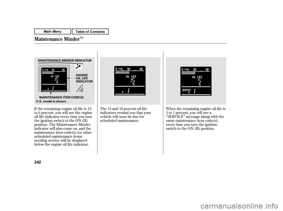 HONDA CR-V 2011 RD1-RD5, RE7 / 3.G Service Manual When the remaining engine oil lif e is 
5 to 1 percent, you will see a
‘‘SERVICE’’ message along with the
same maintenance item code(s),
everytimeyouturntheignition
switch to the ON (II) posit