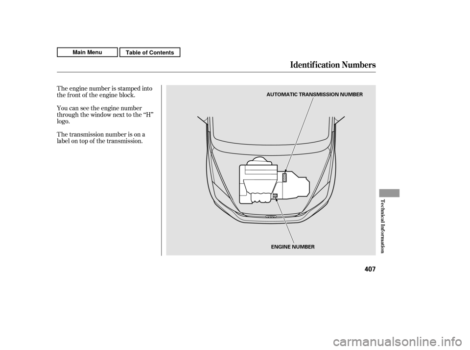 HONDA CR-V 2011 RD1-RD5, RE7 / 3.G Owners Manual The engine number is stamped into 
the f ront of the engine block. 
You can see the engine number 
through the window next to the ‘‘H’’logo. 
The transmission number is on a 
label on top of t