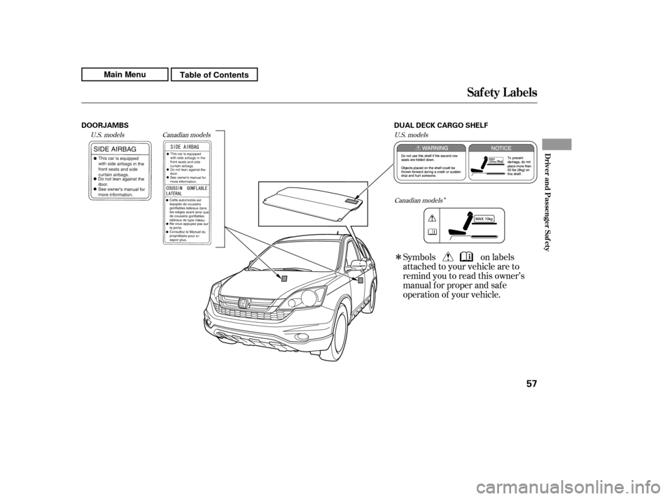 HONDA CR-V 2011 RD1-RD5, RE7 / 3.G Repair Manual Î
Î
Symbols on labels 
attached to your vehicle are to
remind you to read this owner’s
manual f or proper and saf e
operation of your vehicle.
Canadian models
U.S. models U.S. models
Canadian mo