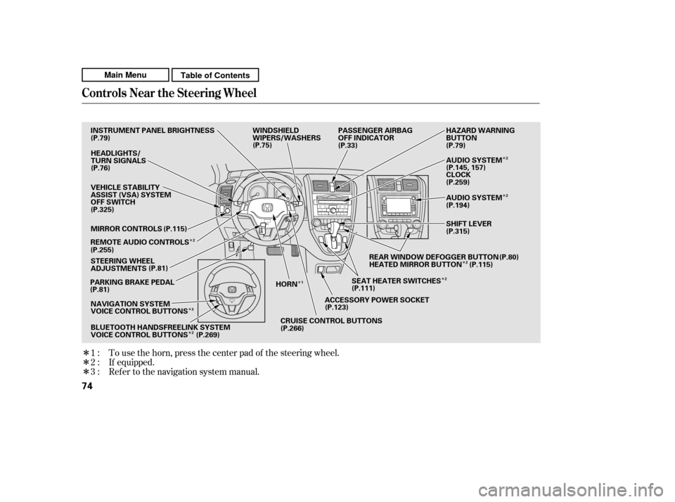 HONDA CR-V 2011 RD1-RD5, RE7 / 3.G Owners Manual Î ÎÎ
Î
Î
Î
Î Î ÎÎ Î
To use the horn, press the center pad of the steering wheel. 
If equipped.
Ref er to the navigation system manual.
1:2:3:
Controls Near the Steering Wheel
74
