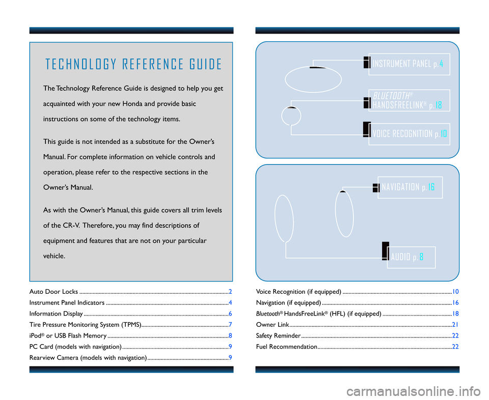 HONDA CR-V 2011 RD1-RD5, RE7 / 3.G Technology Reference Guide Voice Recognition (if equipped) ..................\4..................\4..................\4....................10
Navigation (if equipped) ..................\4..................\4....................