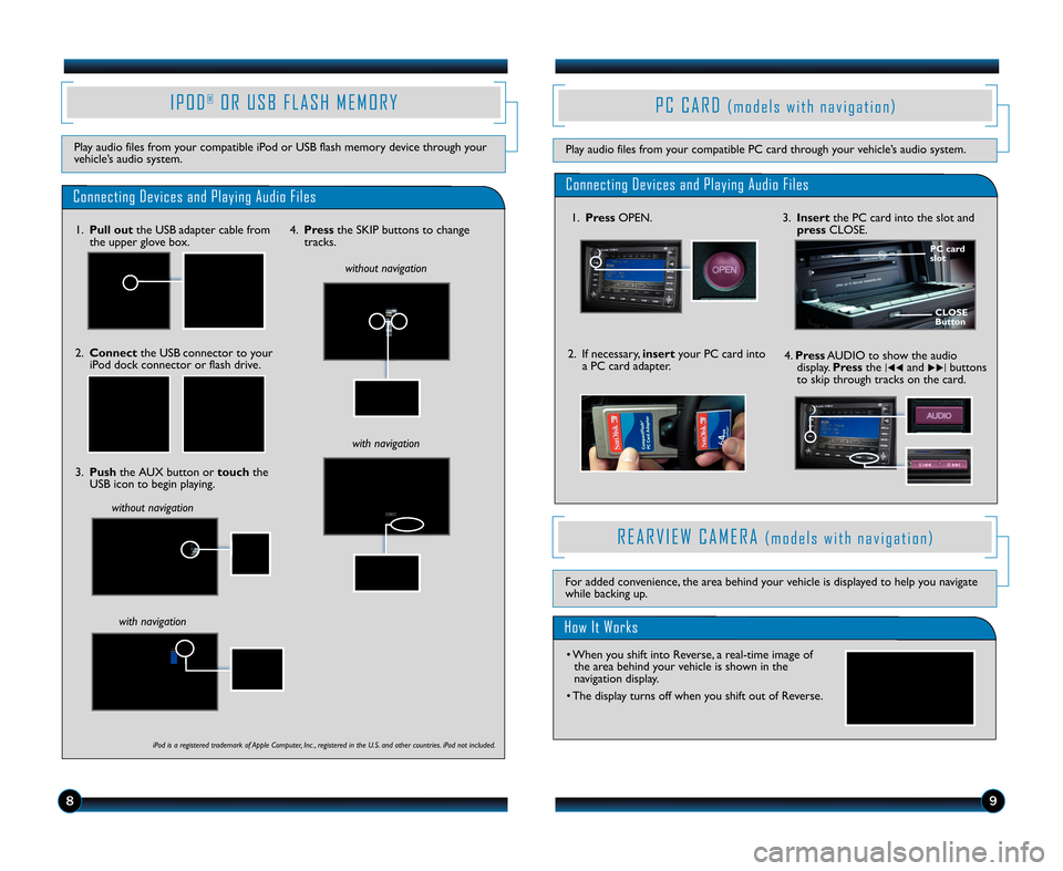 HONDA CR-V 2011 RD1-RD5, RE7 / 3.G Technology Reference Guide 89
I P O D®O R U S B F L A S H M E M O R Y
Play audio files from your compatible iPod or USB flash memory device through your vehicle’s audio system.
Connecting Devices and Playing Audio Files
1.Pu