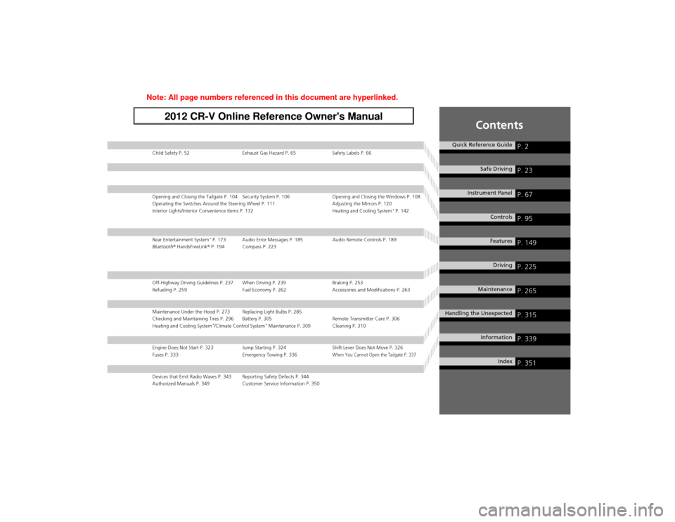 HONDA CR-V 2012 RM1, RM3, RM4 / 4.G Owners Manual Contents
Child Safety P. 52 Exhaust Gas Hazard P. 65 Safety Labels P. 66
Opening and Closing the Tailgate P. 104 Security System P. 106 Opening and Closing the Windows P. 108 
Operating the Switches A