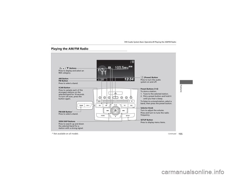 HONDA CR-V 2012 RM1, RM3, RM4 / 4.G User Guide 155
uuAudio System Basic OperationuPlaying the AM/FM Radio
Continued
Features
Playing the AM/FM Radio
FM Button / Buttons
Press to display and select an
RDS category.
SCAN Button
Press to sample HONDA CR-V 2012 RM1, RM3, RM4 / 4.G User Guide 155
uuAudio System Basic OperationuPlaying the AM/FM Radio
Continued
Features
Playing the AM/FM Radio
FM Button / Buttons
Press to display and select an
RDS category.
SCAN Button
Press to sample