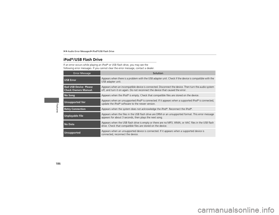 HONDA CR-V 2012 RM1, RM3, RM4 / 4.G Service Manual 186
uuAudio Error MessagesuiPod®/USB Flash Drive
Features
iPod ®/USB Flash Drive
If an error occurs while playing an iPod ® or USB flash drive, you may see the
following error messages. If you can HONDA CR-V 2012 RM1, RM3, RM4 / 4.G Service Manual 186
uuAudio Error MessagesuiPod®/USB Flash Drive
Features
iPod ®/USB Flash Drive
If an error occurs while playing an iPod ® or USB flash drive, you may see the
following error messages. If you can