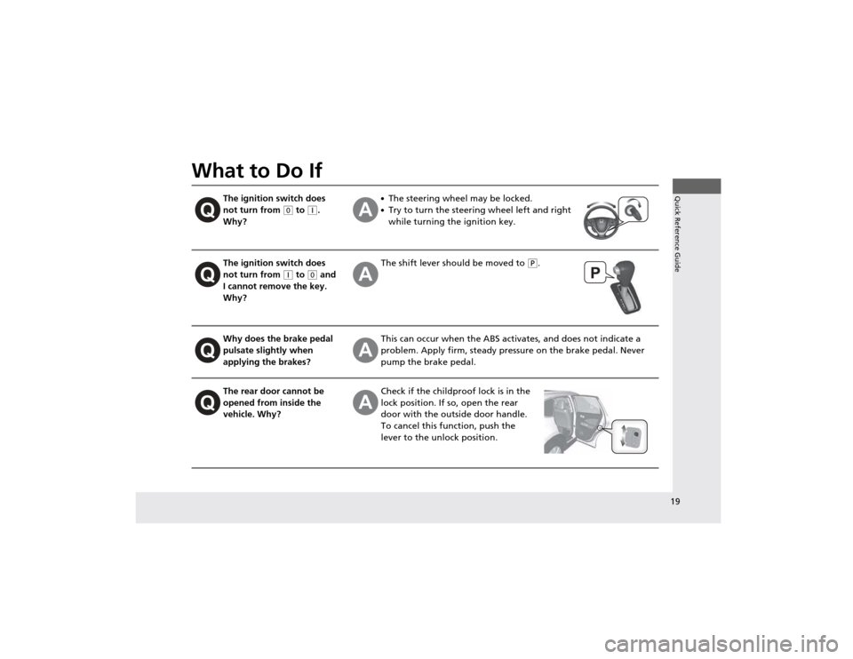 HONDA CR-V 2012 RM1, RM3, RM4 / 4.G Owners Manual 19
Quick Reference Guide
What to Do If
The ignition switch does  not turn from 
(0 to (q . 
Why?
● The steering wheel  may be locked.
● Try to turn the steering wheel left and right  
while turnin