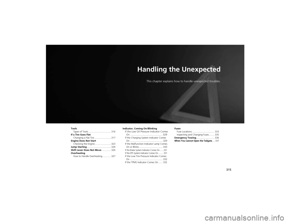 HONDA CR-V 2012 RM1, RM3, RM4 / 4.G Owners Manual 315
Handling the UnexpectedThis chapter explains how to h andle unexpected troubles.
Tools
Types of Tools .................................. 316
If a Tire Goes Flat Changing a Flat Tire ..............