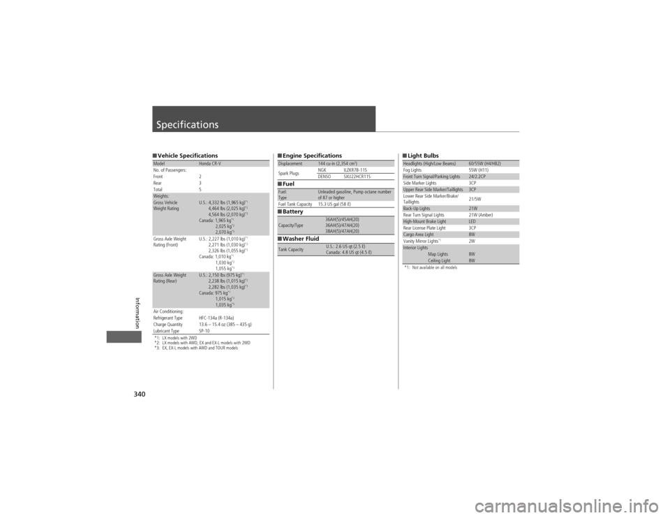 HONDA CR-V 2012 RM1, RM3, RM4 / 4.G Owners Manual 340
Information
Specifications
■Vehicle Specifications
*1: LX models with 2WD 
*2: LX models with AWD, EX and EX-L models with 2WD 
*3: EX, EX-L models with AWD and TOUR modelsModelHonda CR-V
No. of