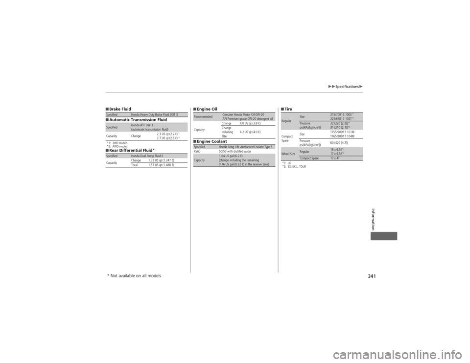 HONDA CR-V 2012 RM1, RM3, RM4 / 4.G User Guide 341
uuSpecificationsu
Information
■Brake Fluid
■Automatic Transmission Fluid
*1: 2WD models 
*2: AWD models
■Rear Differential Fluid *
SpecifiedHonda Heavy Duty Brake Fluid DOT 3
SpecifiedHonda 