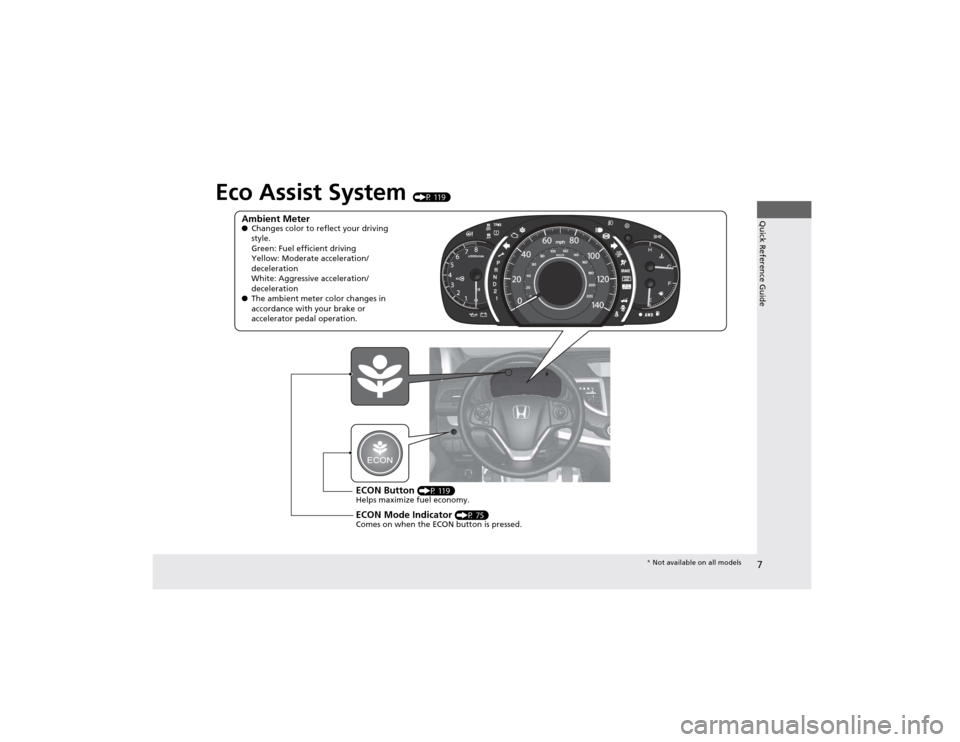 HONDA CR-V 2012 RM1, RM3, RM4 / 4.G Owners Manual 7
Quick Reference Guide
Eco Assist System (P 119)
Ambient Meter ●Changes color to reflect your driving  
style. 
Green: Fuel efficient driving 
Yellow: Moderate acceleration/
deceleration 
White: Ag