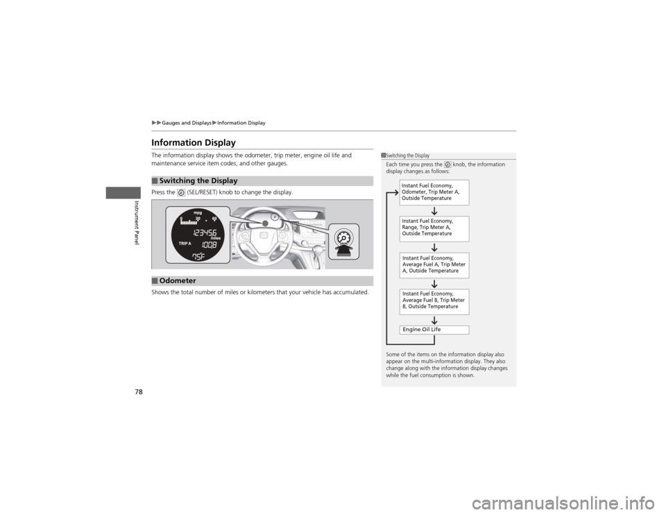 HONDA CR-V 2012 RM1, RM3, RM4 / 4.G User Guide 78
uuGauges and DisplaysuInformation Display
Instrument Panel
Information Display
The information display shows the odometer, trip meter, engine oil life and
maintenance service item codes, and oth HONDA CR-V 2012 RM1, RM3, RM4 / 4.G User Guide 78
uuGauges and DisplaysuInformation Display
Instrument Panel
Information Display
The information display shows the odometer, trip meter, engine oil life and
maintenance service item codes, and oth