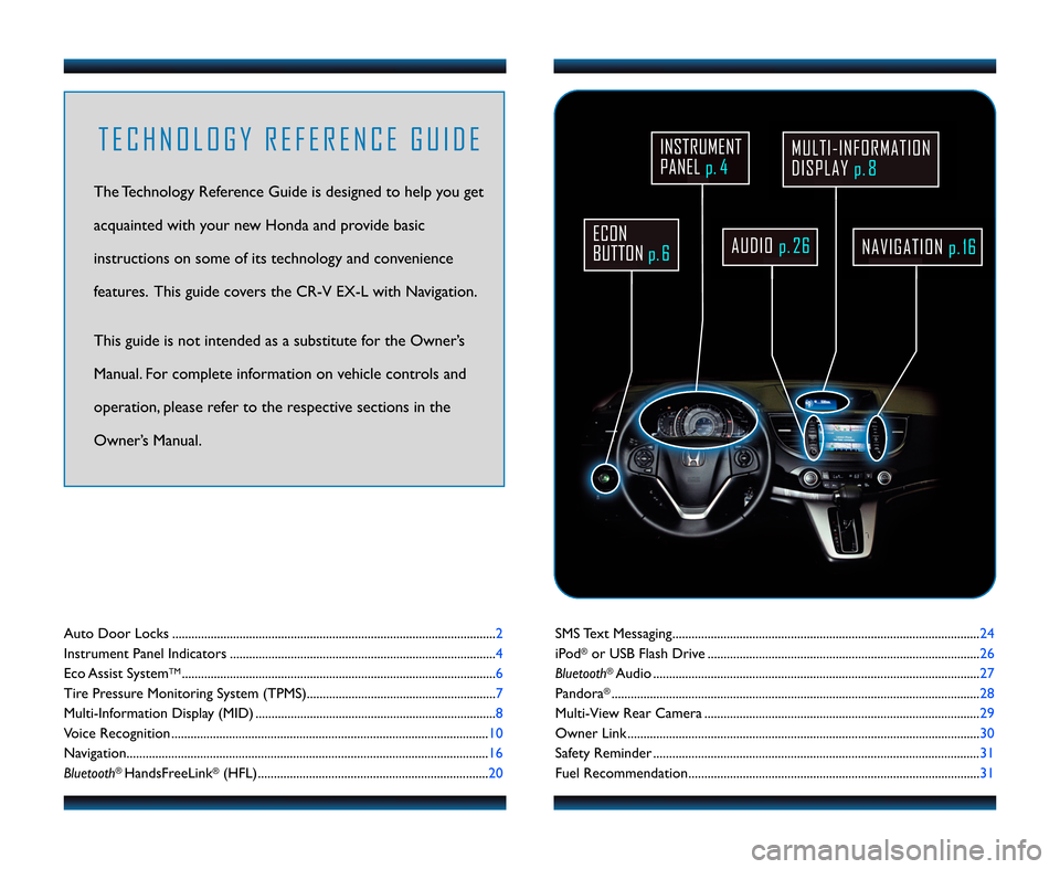 HONDA CR-V 2012 RM1, RM3, RM4 / 4.G Technology Reference Guide SMS Text Messaging....................................\2.....................................\2.......................24
iPod
®or USB Flash Drive ....................................\2...............