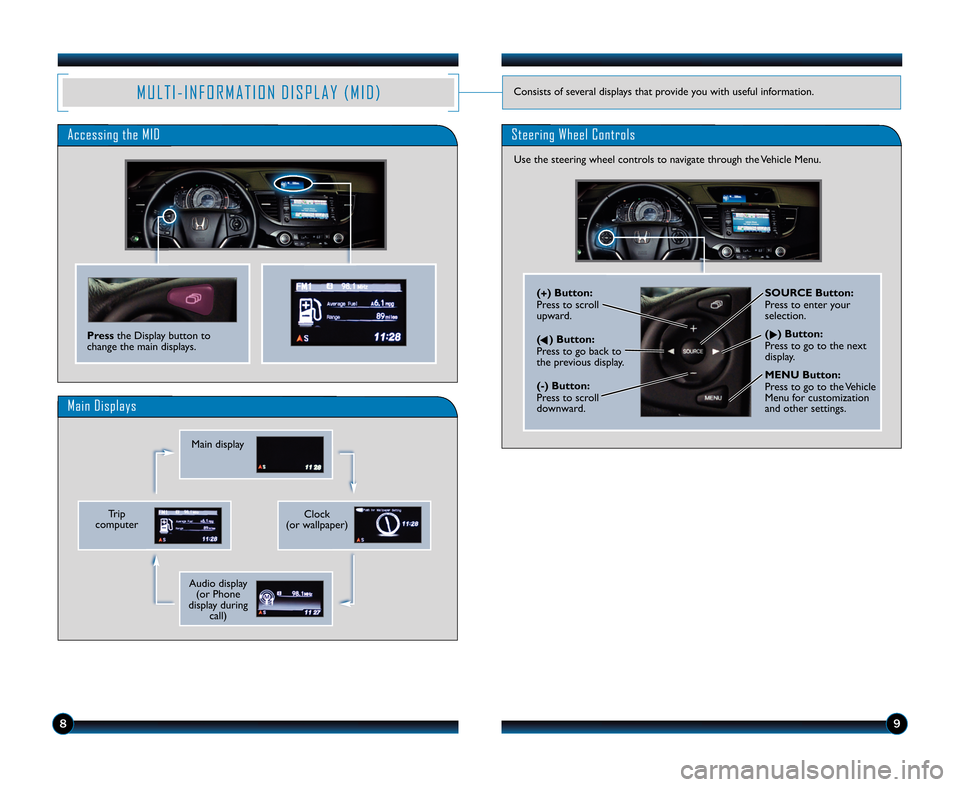 HONDA CR-V 2012 RM1, RM3, RM4 / 4.G Technology Reference Guide 89
M U L T I � I N F O R M A T I O N D I S P L A Y ( M I D )Consists of several displays that provide you with useful information.
Steering Wheel Controls
(+ ) Button:
Press to scroll
upward.
(
� �) B