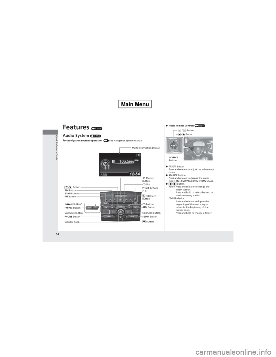 HONDA CR-V 2013 RM1, RM3, RM4 / 4.G Owners Manual 14
Quick Reference Guide
Features (P 149)
Audio System (P 150) 
For navigation system operation () See Navigation System Manual
Multi-Information Display
AM Button
FM Button SCAN Button
Skip/Seek Butt