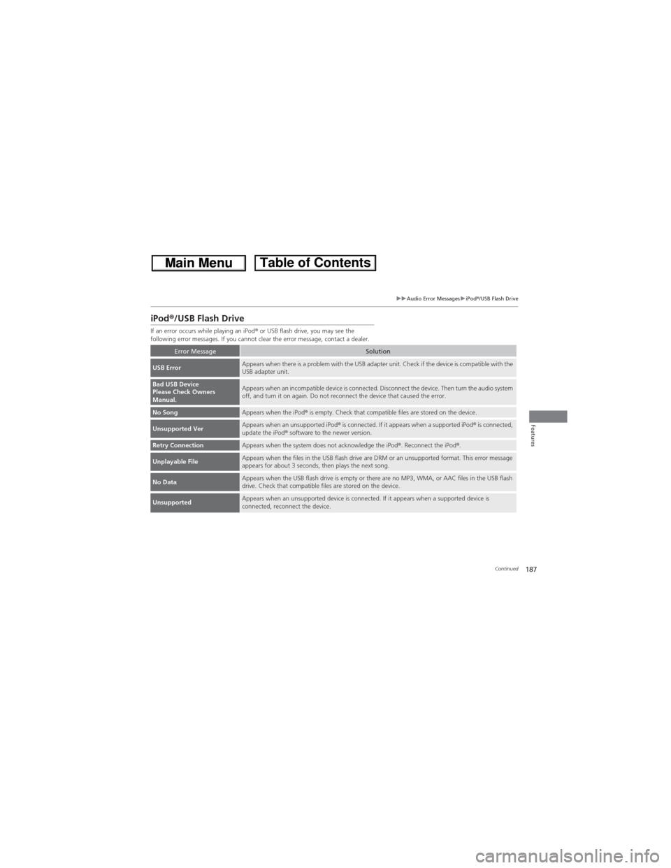 HONDA CR-V 2013 RM1, RM3, RM4 / 4.G Owners Manual 187
uuAudio Error MessagesuiPod®/USB Flash Drive
Continued
Features
iPod®/USB Flash Drive
If an error occurs while playing an iPod® or USB flash drive, you may see the
following error messages. If HONDA CR-V 2013 RM1, RM3, RM4 / 4.G Owners Manual 187
uuAudio Error MessagesuiPod®/USB Flash Drive
Continued
Features
iPod®/USB Flash Drive
If an error occurs while playing an iPod® or USB flash drive, you may see the
following error messages. If
