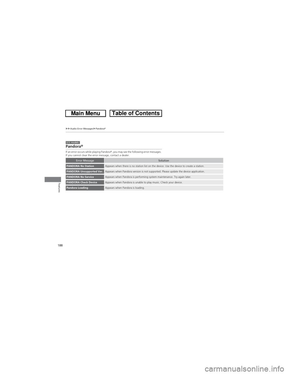 HONDA CR-V 2013 RM1, RM3, RM4 / 4.G Owners Manual 188
uuAudio Error MessagesuPandora®
Features
Pandora®
If an error occurs while playing Pandora®, you may see the following error messages.
If you cannot clear the error message, contact a dealer.
HONDA CR-V 2013 RM1, RM3, RM4 / 4.G Owners Manual 188
uuAudio Error MessagesuPandora®
Features
Pandora®
If an error occurs while playing Pandora®, you may see the following error messages.
If you cannot clear the error message, contact a dealer.