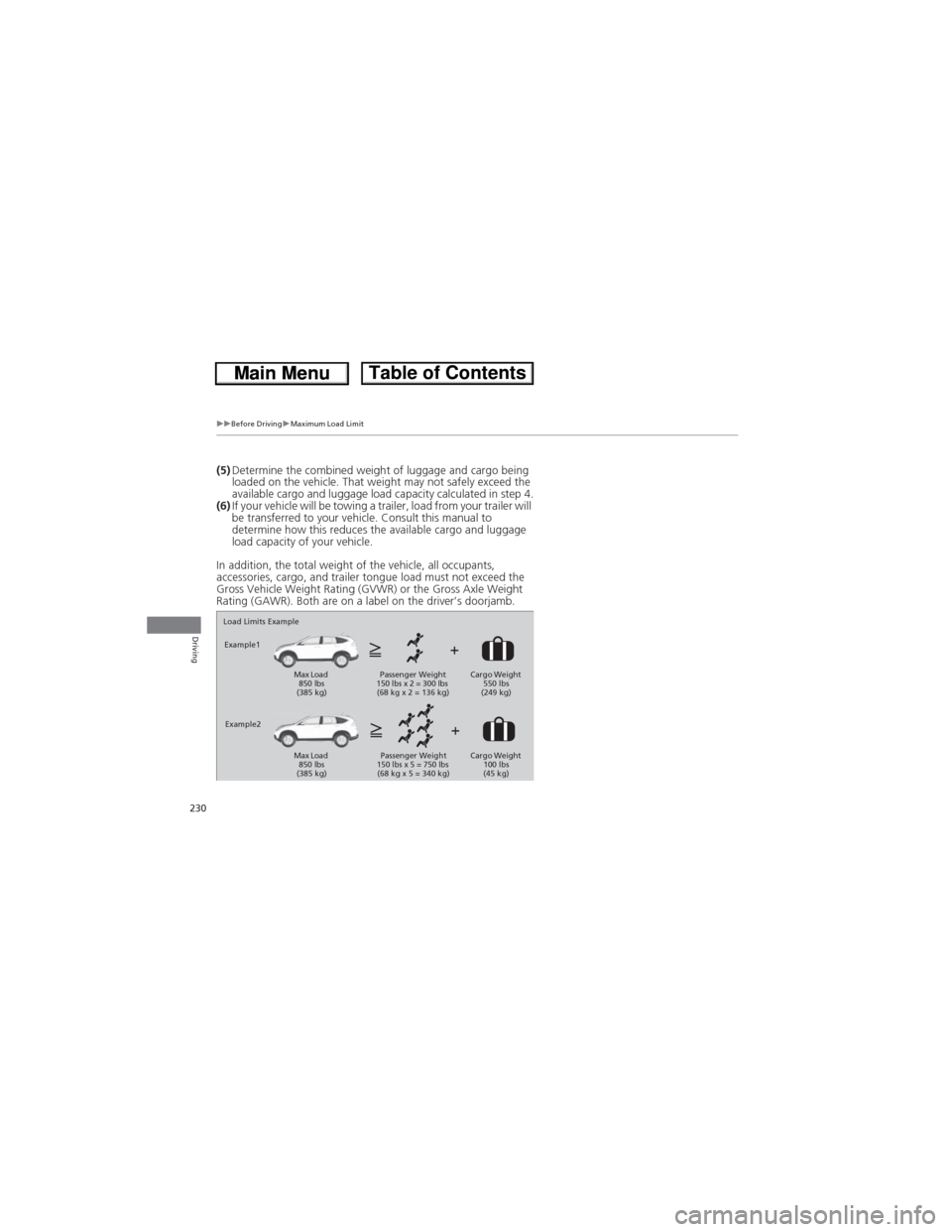 HONDA CR-V 2013 RM1, RM3, RM4 / 4.G Owners Manual 230
uuBefore DrivinguMaximum Load Limit
Driving
(5)Determine the combined weight of luggage and cargo being 
loaded on the vehicle. That weight may not safely exceed the 
available cargo and luggage l