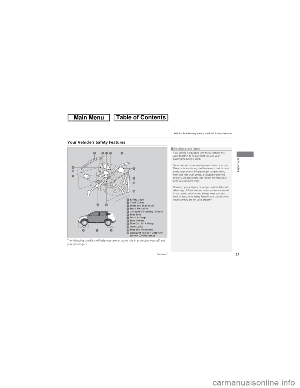 HONDA CR-V 2013 RM1, RM3, RM4 / 4.G Owners Manual 27
uuFor Safe DrivinguYour Vehicles Safety Features
Continued
Safe Driving
Your Vehicles Safety Features
The following checklist will help you take an active role in protecting yourself and 
your pa