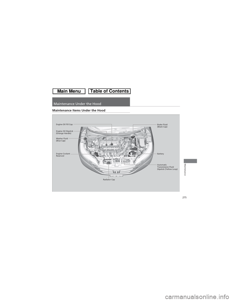 HONDA CR-V 2013 RM1, RM3, RM4 / 4.G Owners Manual 275
Maintenance
Maintenance Under the Hood
Maintenance Items Under the Hood
Brake Fluid 
(Black Cap)
Engine Coolant 
Reservoir
Radiator Cap Washer Fluid 
(Blue Cap) Engine Oil Dipstick 
(Orange Handle