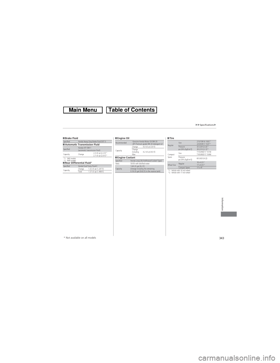HONDA CR-V 2013 RM1, RM3, RM4 / 4.G Owners Manual 343
uuSpecificationsu
Information
■Brake Fluid
■Automatic Transmission Fluid
*1: 2WD models
*2: AWD models
■Rear Differential Fluid*
SpecifiedHonda Heavy Duty Brake Fluid DOT 3
SpecifiedHonda AT