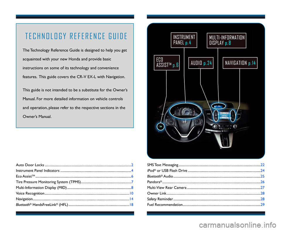 HONDA CR-V 2013 RM1, RM3, RM4 / 4.G Technology Reference Guide SMS Text Messaging ................................................................................................22
iPod
®or USB Flash Drive ........................................................