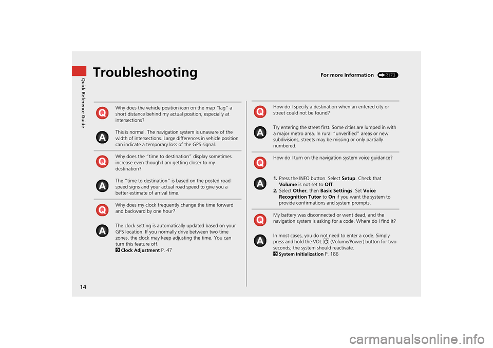 HONDA CR-V 2014 RM1, RM3, RM4 / 4.G Navigation Manual 14
Quick Reference GuideTroubleshootingFor more Information (P173)
Why does the vehicle position icon on the map “lag” a 
short distance behind my actual position, especially at 
intersections?
Th