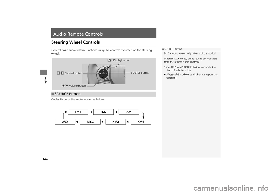 HONDA CR-V 2014 RM1, RM3, RM4 / 4.G Navigation Manual 144
Audio
Audio Remote Controls
Steering Wheel Controls
Control basic audio system functions using the controls mounted on the steering 
wheel.
Cycles through the audio modes as follows:
■SOURCE But