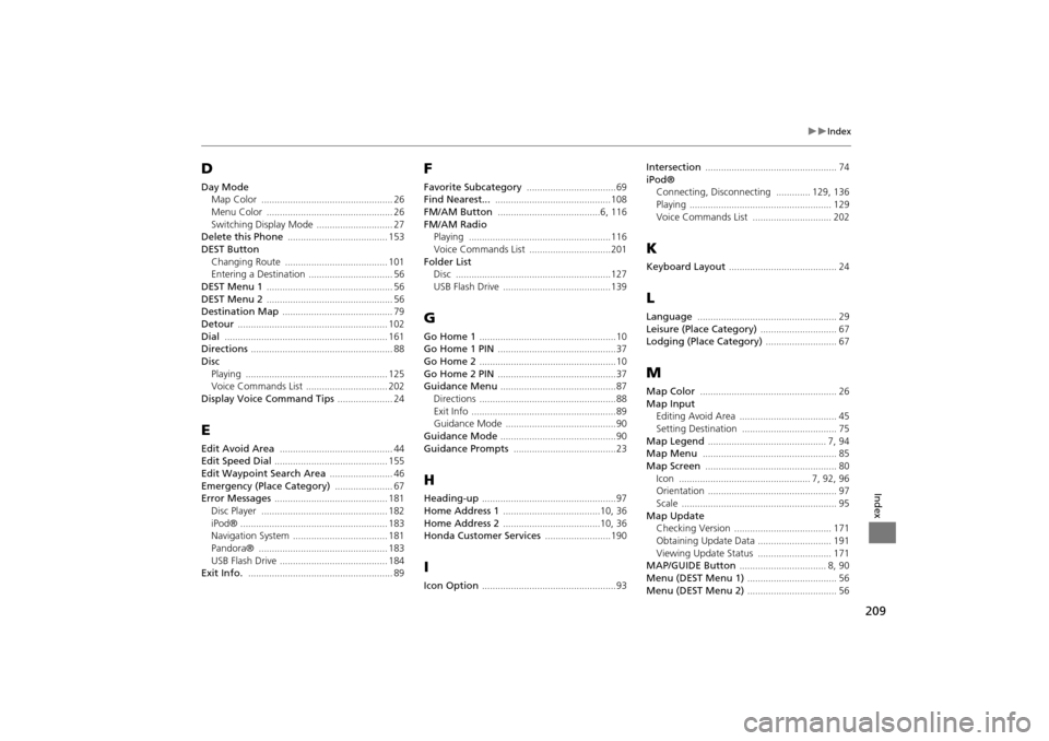 HONDA CR-V 2014 RM1, RM3, RM4 / 4.G Navigation Manual 209
Index
Index
D
Day ModeMap Color 
.................................................. 26
Menu Color ................................................ 26Switching Display Mode ..................