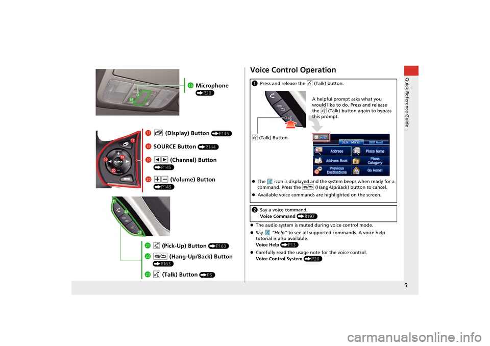 HONDA CR-V 2014 RM1, RM3, RM4 / 4.G Navigation Manual 5
Quick Reference Guide
lgMicrophone 
(P20)
lhb  (Display) Button (P145)
liSOURCE Button (P144)
ma NB  (Volume) Button 
(P145)
mdd (Talk) Button (P5)
mc J  (Hang-Up/Back) Button 
(P163)
mbh (Pick-Up) 
