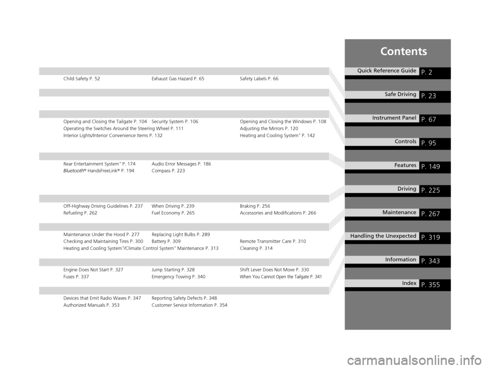 HONDA CR-V 2014 RM1, RM3, RM4 / 4.G Owners Manual Contents
Child Safety P. 52Exhaust Gas Hazard P. 65Safety Labels P. 66
Opening and Closing the Tailgate P. 104 Security System P. 106 Opening and Closing the Windows P. 108
Operating the Switches Arou