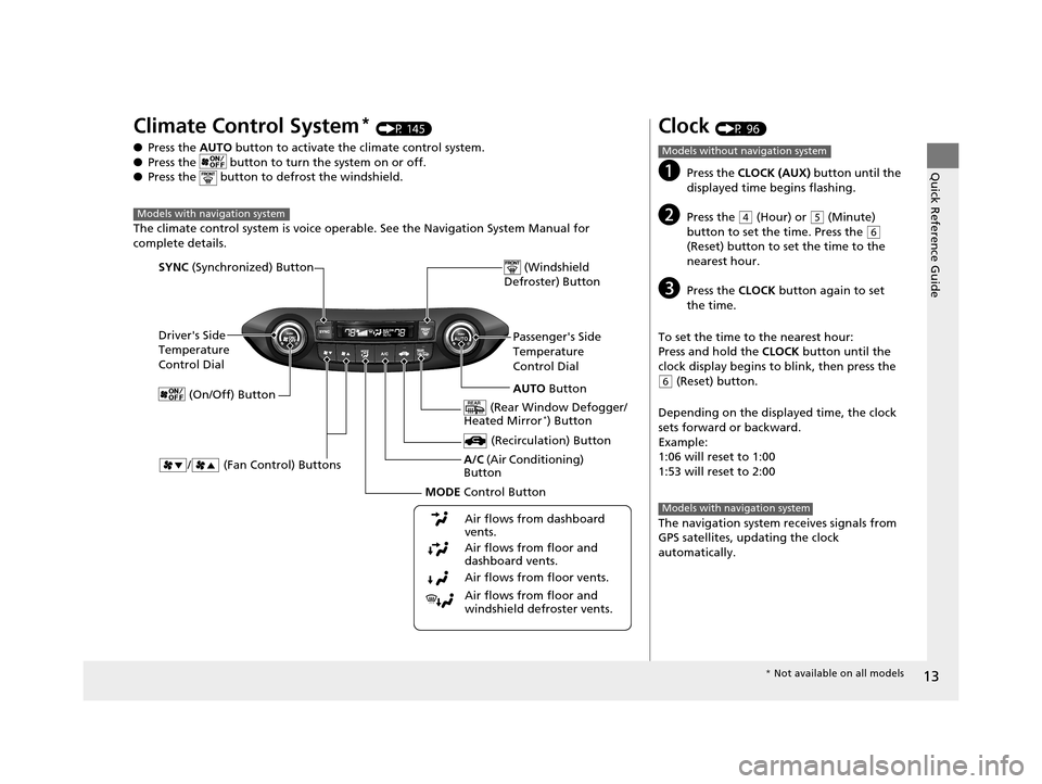 HONDA CR-V 2014 RM1, RM3, RM4 / 4.G Owners Manual 13
Quick Reference Guide
Climate Control System* (P 145)
● Press the AUTO button to activate th e climate control system.
● Press the button to turn the system on or off.
● Press the button HONDA CR-V 2014 RM1, RM3, RM4 / 4.G Owners Manual 13
Quick Reference Guide
Climate Control System* (P 145)
● Press the AUTO button to activate th e climate control system.
● Press the button to turn the system on or off.
● Press the button