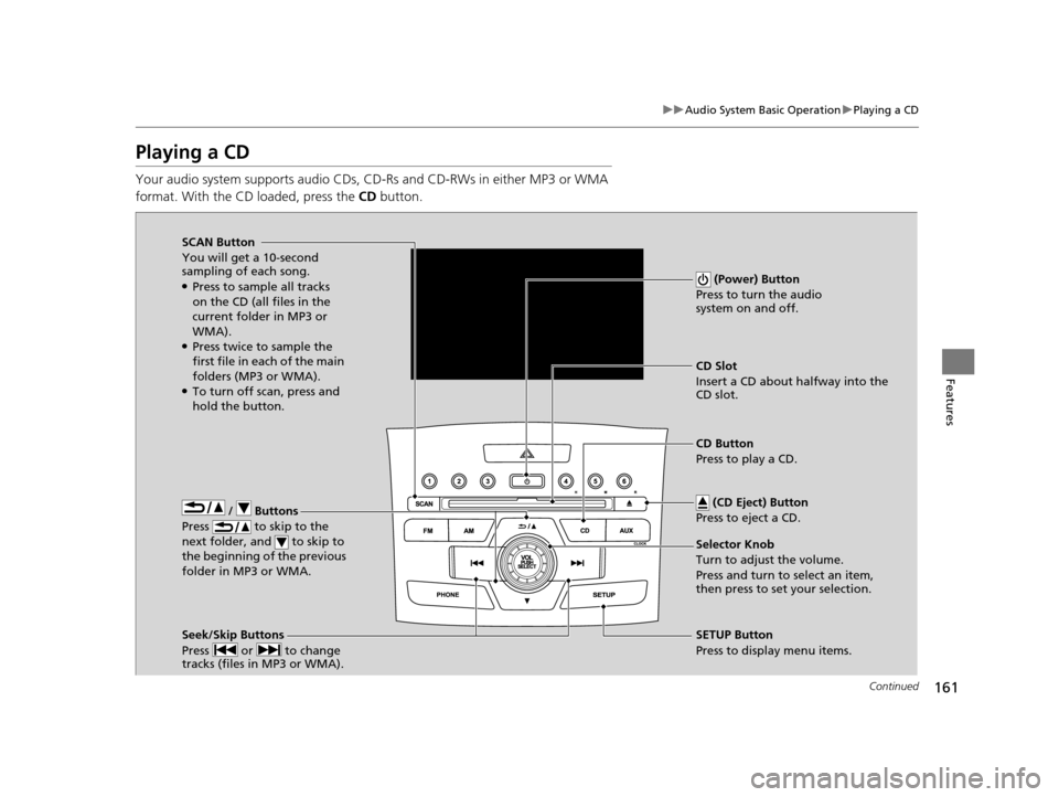 HONDA CR-V 2014 RM1, RM3, RM4 / 4.G Owners Guide 161
uuAudio System Basic Operation uPlaying a CD
Continued
Features
Playing a CD
Your audio system supports audio CDs, CD-Rs and CD-RWs in either MP3 or WMA
format. With the CD loaded, press the CD HONDA CR-V 2014 RM1, RM3, RM4 / 4.G Owners Guide 161
uuAudio System Basic Operation uPlaying a CD
Continued
Features
Playing a CD
Your audio system supports audio CDs, CD-Rs and CD-RWs in either MP3 or WMA
format. With the CD loaded, press the CD