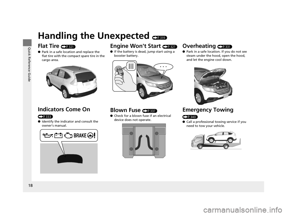 HONDA CR-V 2014 RM1, RM3, RM4 / 4.G Owners Manual 18
Quick Reference Guide
Handling the Unexpected (P319)
Flat Tire (P321)
● Park in a safe location and replace the 
flat tire with the compact spare tire in the 
cargo area.
Indicators Come On 
(P33