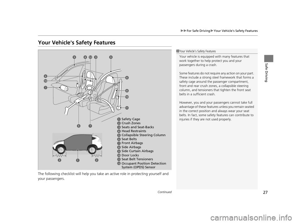 HONDA CR-V 2014 RM1, RM3, RM4 / 4.G Owners Manual 27
uuFor Safe Driving uYour Vehicles Safety Features
Continued
Safe Driving
Your Vehicles Safety Features
The following checklist will help you take an active role in protecting yourself and
your p HONDA CR-V 2014 RM1, RM3, RM4 / 4.G Owners Manual 27
uuFor Safe Driving uYour Vehicles Safety Features
Continued
Safe Driving
Your Vehicles Safety Features
The following checklist will help you take an active role in protecting yourself and
your p