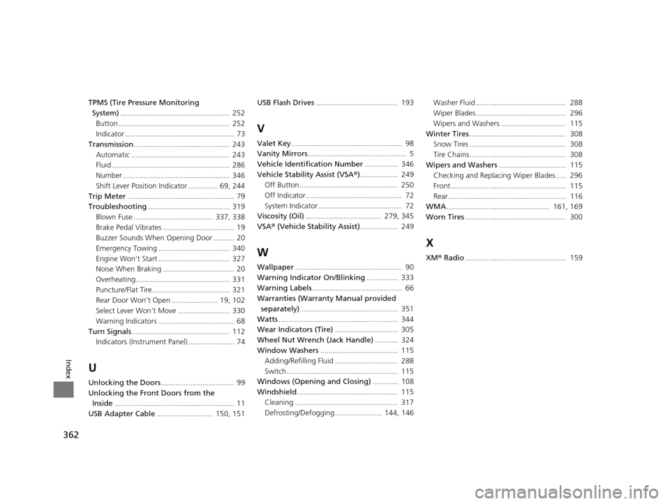 HONDA CR-V 2014 RM1, RM3, RM4 / 4.G Owners Manual 362
Index
TPMS (Tire Pressure Monitoring System) .................................................... 252
Button ..................................................... 252
Indicator ...................