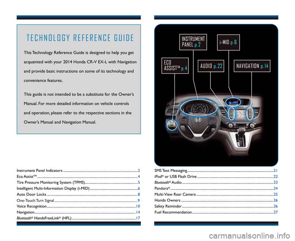 HONDA CR-V 2014 RM1, RM3, RM4 / 4.G Technology Reference Guide SMS Text Messaging ................................................................................................21
iPod
®or USB Flash Drive ........................................................