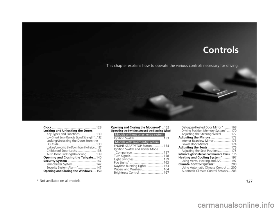 HONDA CR-V 2015 RM1, RM3, RM4 / 4.G Owners Manual 127
Controls
This chapter explains how to operate the various controls necessary for driving.
Clock.................................................. 128
Locking and Unlocking the Doors
Key Types and 