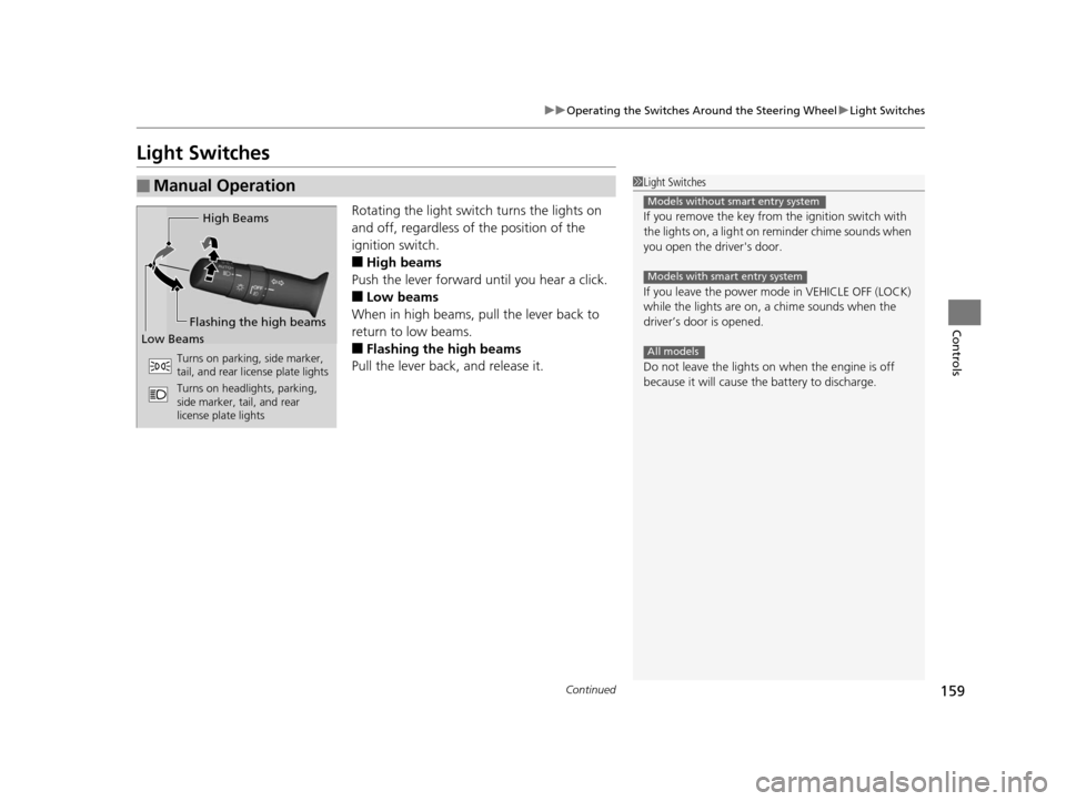 HONDA CR-V 2015 RM1, RM3, RM4 / 4.G Owners Manual 159
uuOperating the Switches Around the Steering Wheel uLight Switches
Continued
Controls
Light Switches
Rotating the light switch turns the lights on 
and off, regardless of the position of the 
igni