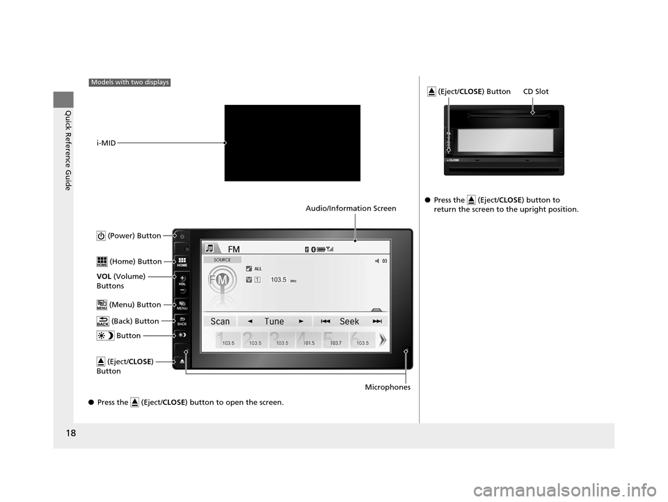 HONDA CR-V 2015 RM1, RM3, RM4 / 4.G Owners Manual 18
Quick Reference Guide
●Press the   (Eject/ CLOSE) button to open the screen.
Models with two displays
i-MID
 (Power) Button
 (Home) Button
VOL  (Volume) 
Buttons
 (Menu) Button
 (Back) Button
 (E