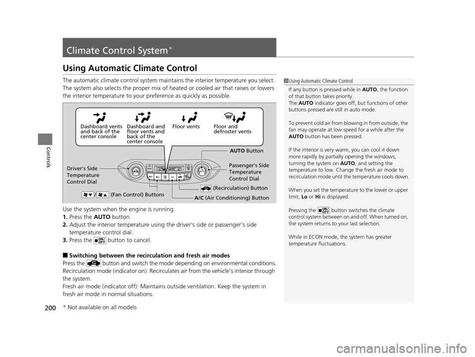 HONDA CR-V 2015 RM1, RM3, RM4 / 4.G Owners Manual 200
Controls
Climate Control System*
Using Automatic Climate Control
The automatic climate control system maintains the interior temperature you select. 
The system also selects the proper mix of heat